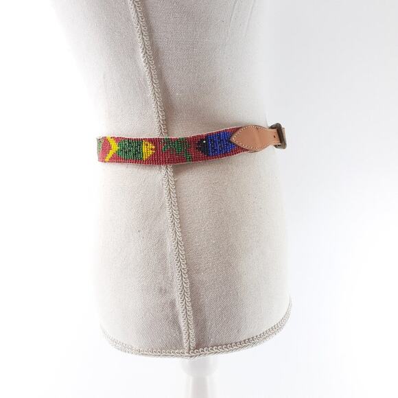 CDE Women's Beaded Fish Multicolored Belt Leather Boho Red White Blue size 28 - Picture 6 of 13